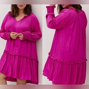 Anthropologie Pink Smocked Babydoll Dress with V-Neck